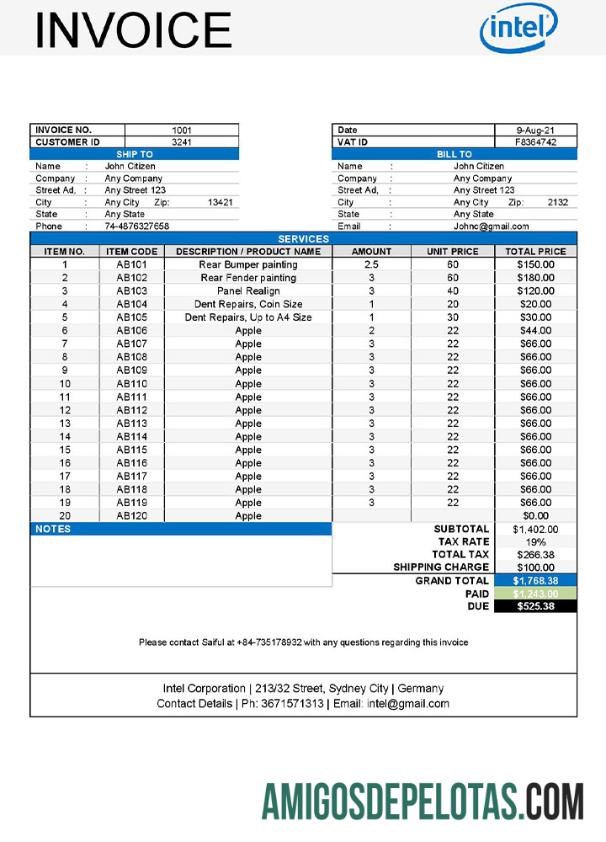 em branco Modelo de fatura Intel dos EUA